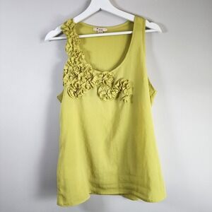 XXI Chartreuse Tank Top Womens Medium Ruffle Flower Yoke Sleeveless‎ Yellow Lime